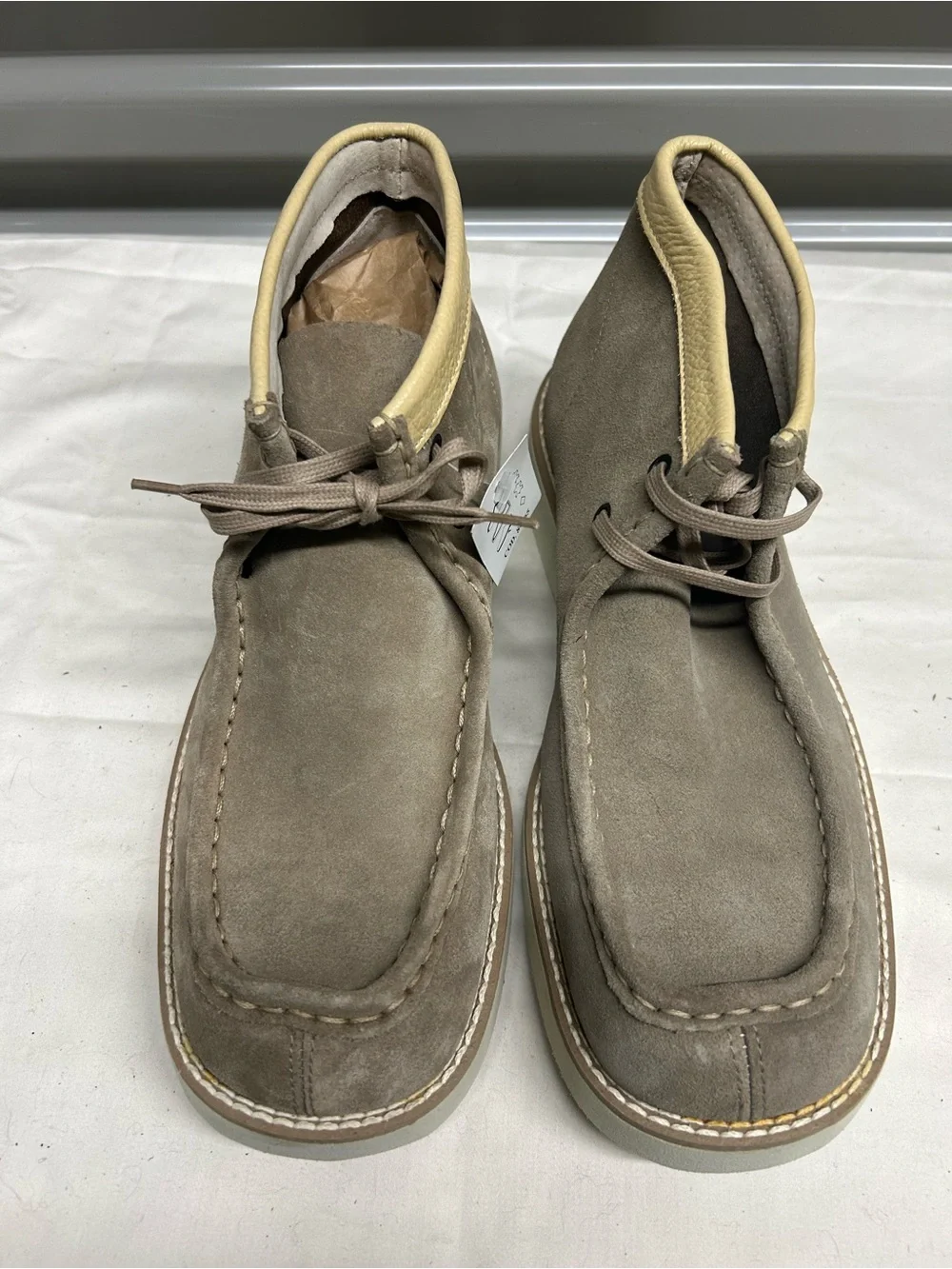 Taupe Suede Men’s Chukka Boots with Cream Collar